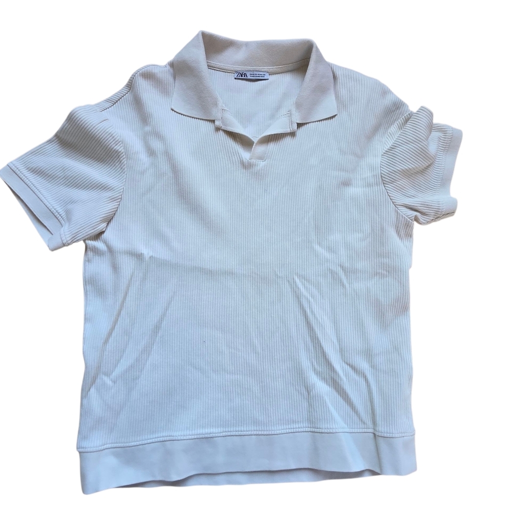 Zara White Ribbed V Neck Top With Collar Size M
